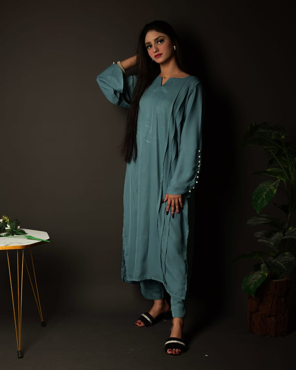 Elegant Teal Pleated Shirt with Trouser Set