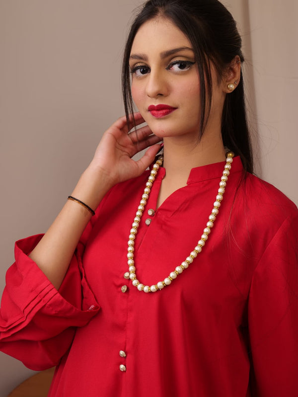 Vibrant Red A-line Shirt with Trouser Set